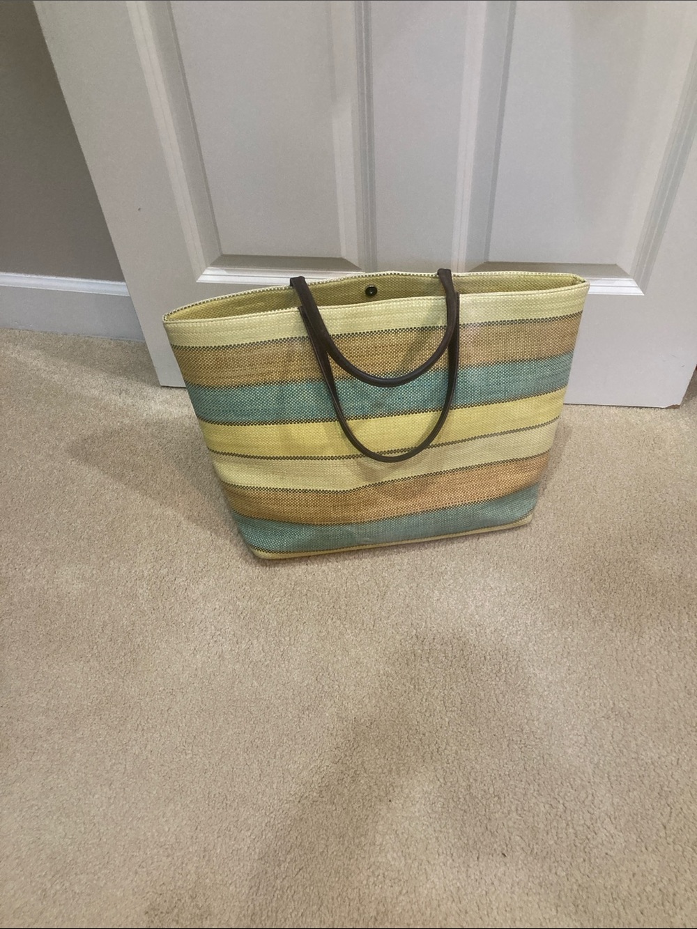 Striped Summer Paper Straw Tote Bag in Yellow, Teal & Tan by Talbots